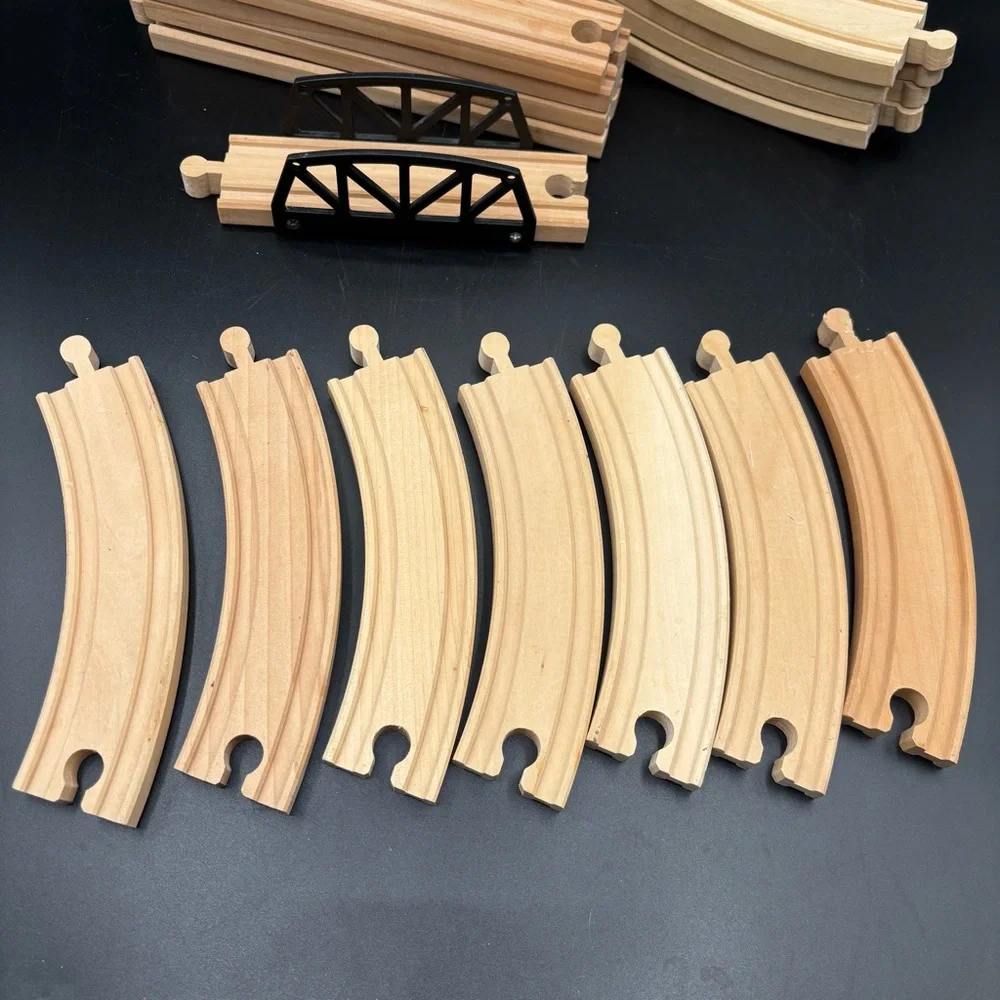 Wooden Train Track Wood Railway Curved Incline Straight Bridge 16 Pieces